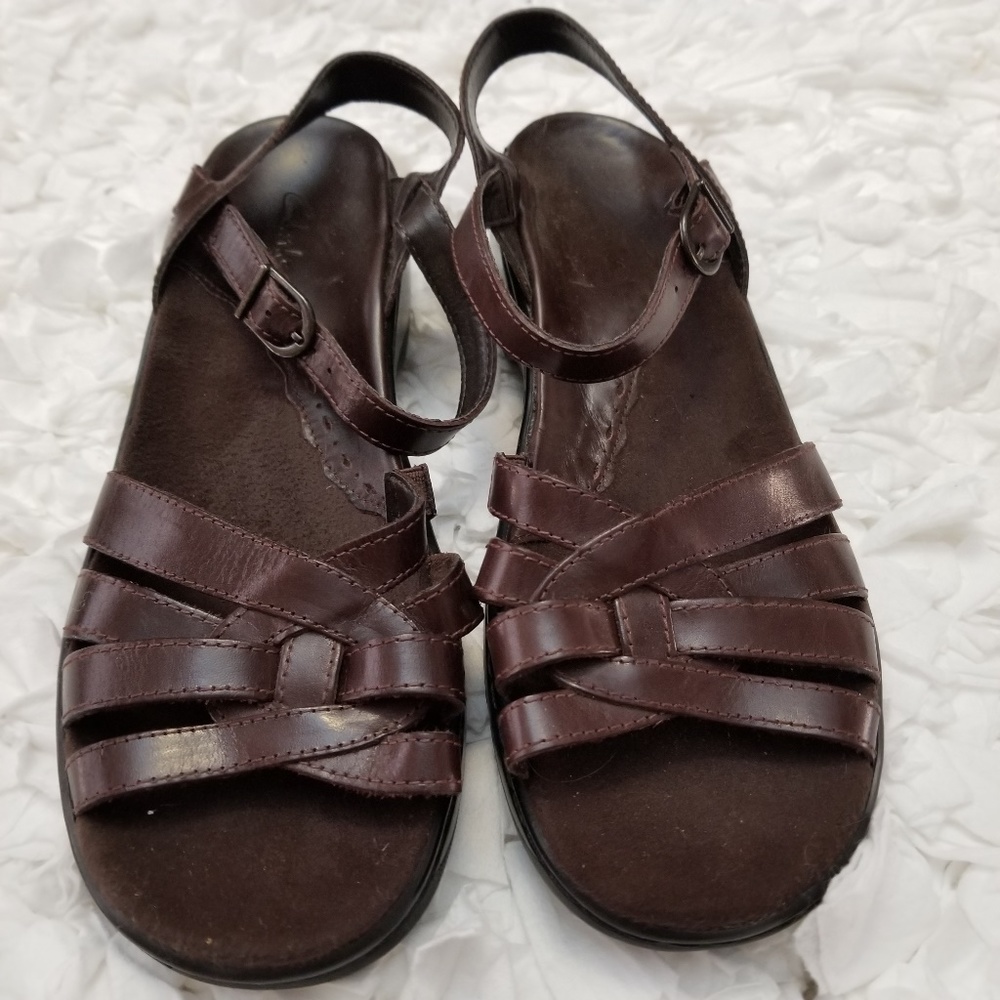Clarks Dark Brown Leather Ankle Strap Sandals.